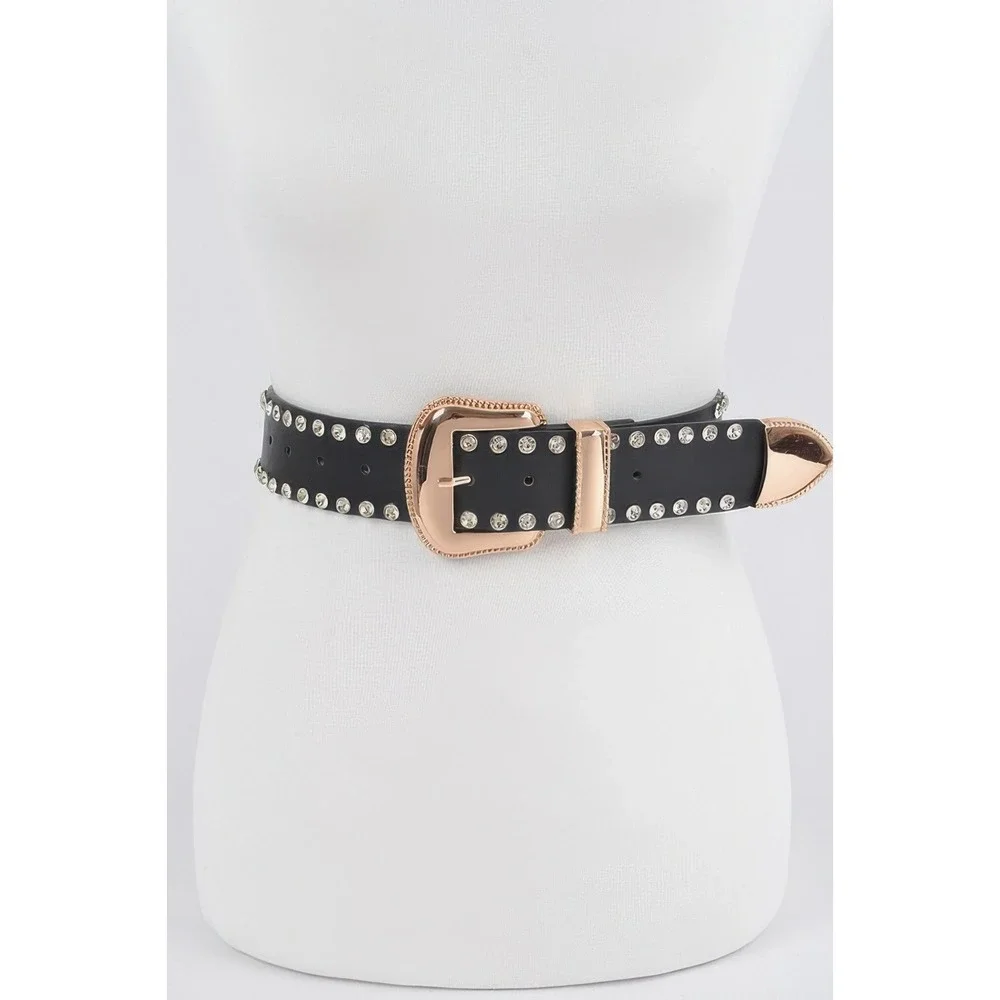 Western Belt Womens One Size Black New Rhinestone Rose Gold Tone